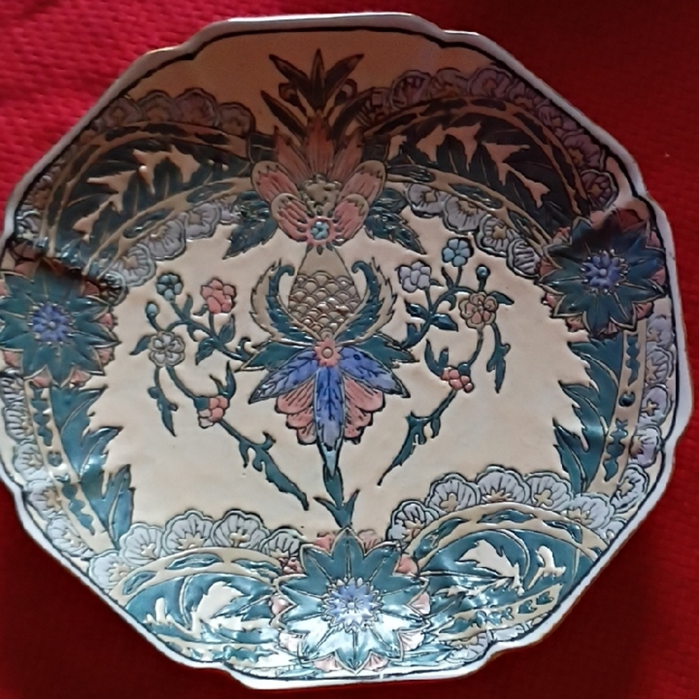 Floral Decorative Plate with Blue and Cream Accents